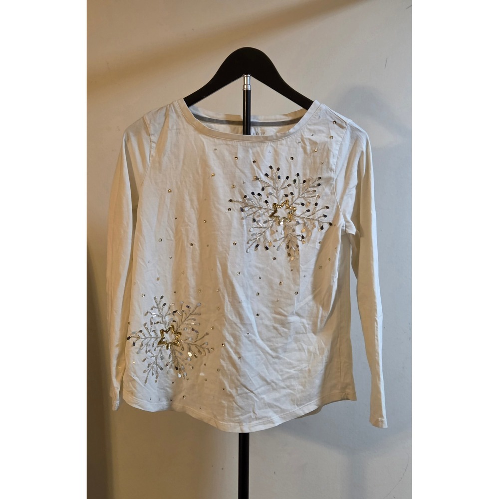 Talbots Embellished Crewneck Long Sleeve Shirt Womens Size SP White Snowflake